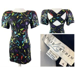 Vtg Lillie Rubin 80s Dress Sz 4 Rockabilly Geo Sequin Puff Sleeve 90s Art Deco